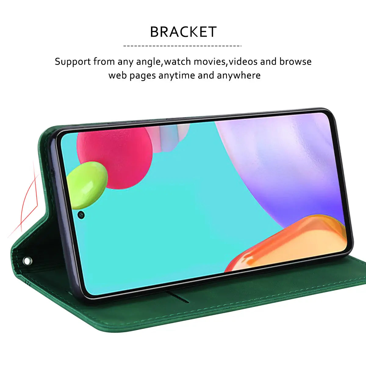 Green leather wallet phone case with magnetic card slot shown from the back side featuring a built-in stand bracket.