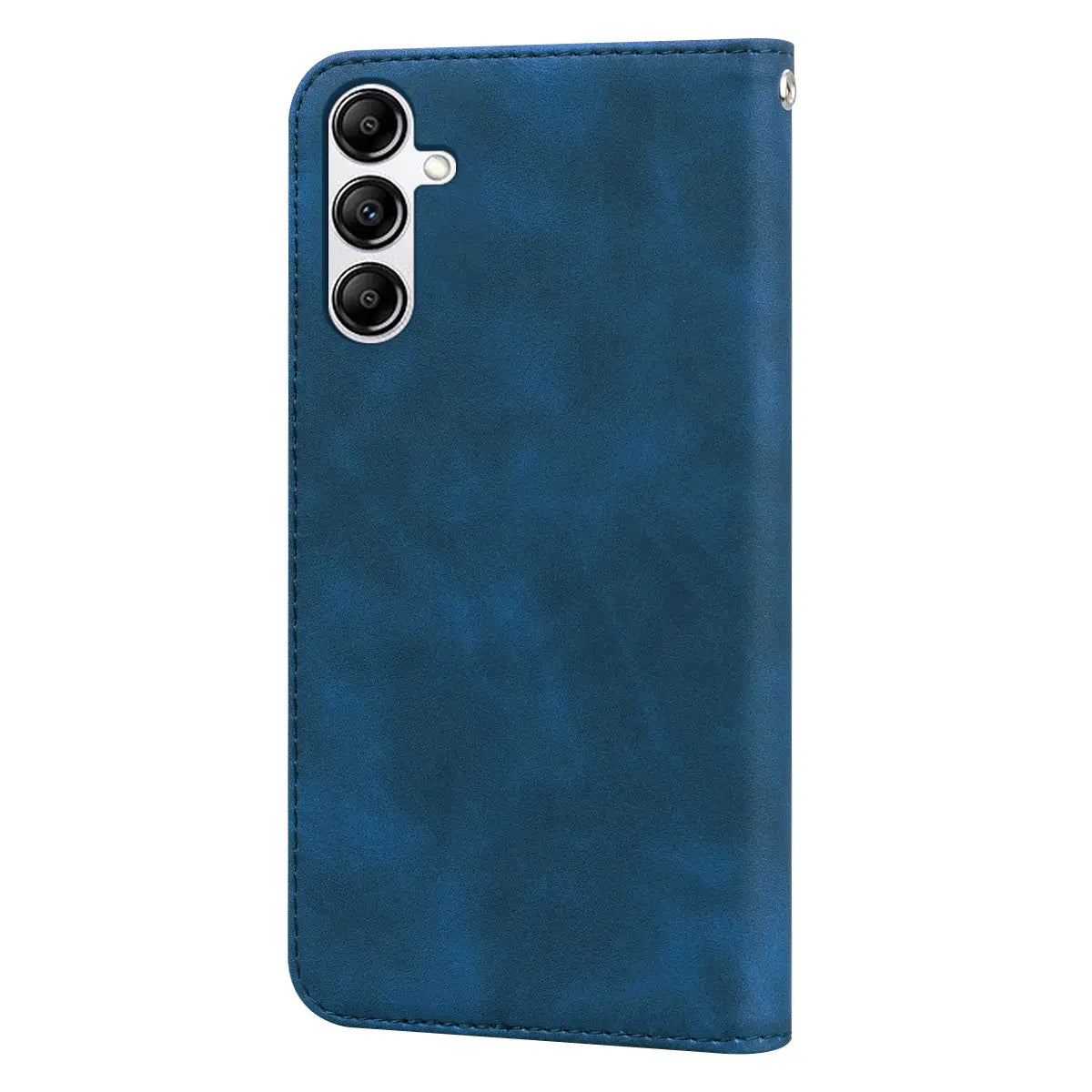 Deep blue faux leather leather wallet phone case with magnetic card slot and stitched edges shown from the back with a silver camera cutout.