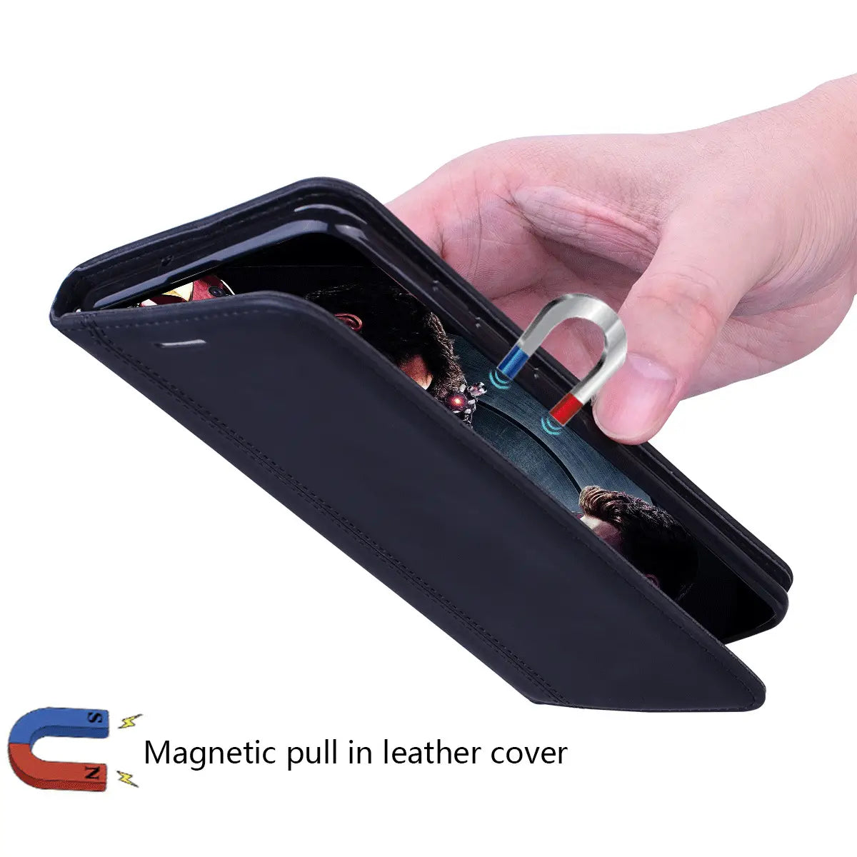 black leather wallet phone case with magnetic card slot and magnetic closure shown from the back side