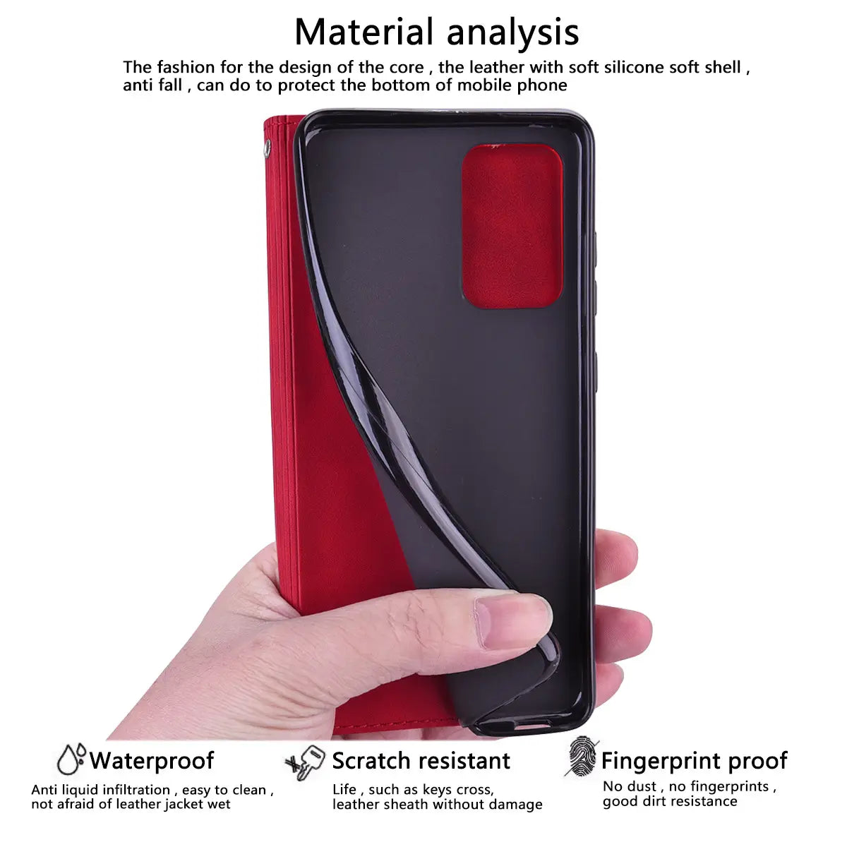 Red and black leather wallet phone case with a magnetic card slot and a soft silicone shell shown from the back side.