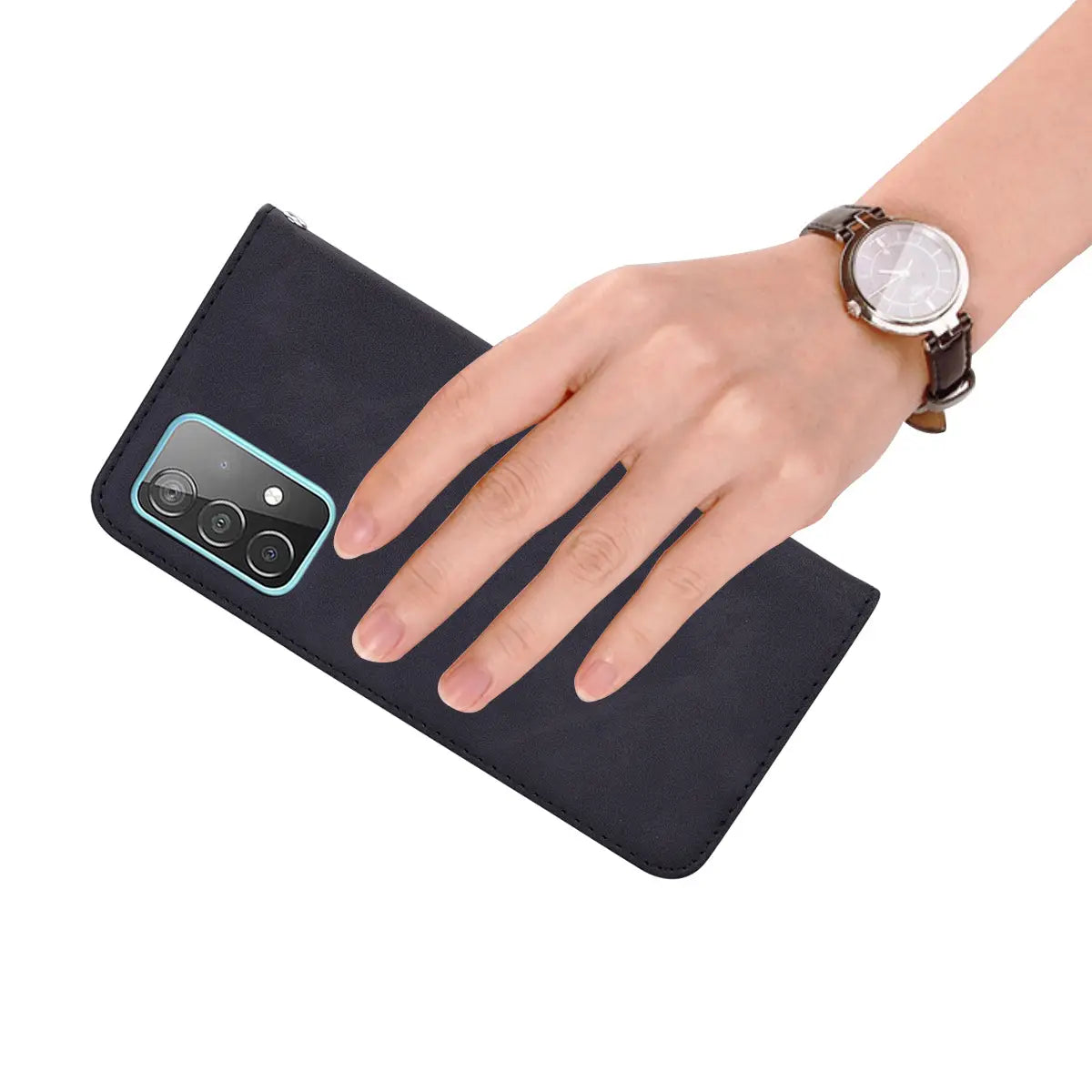 black leather wallet phone case with magnetic card slot showing the back side featuring a light blue border around the camera cutout.