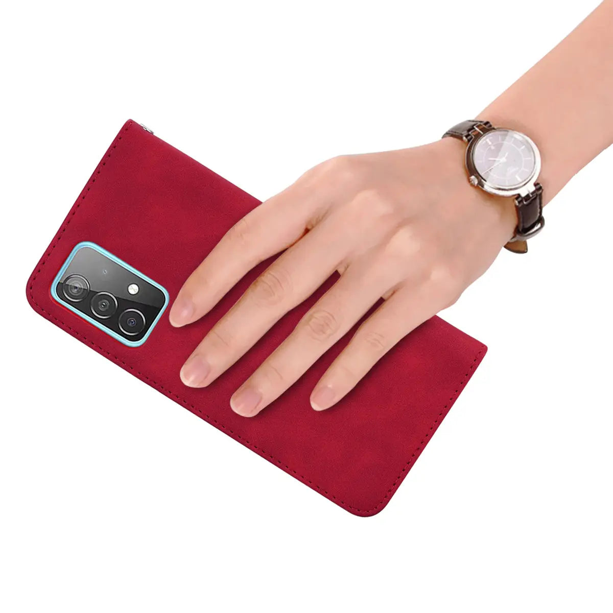 Red suede textured leather wallet phone case with magnetic card slot shown from the back with camera module cutout.