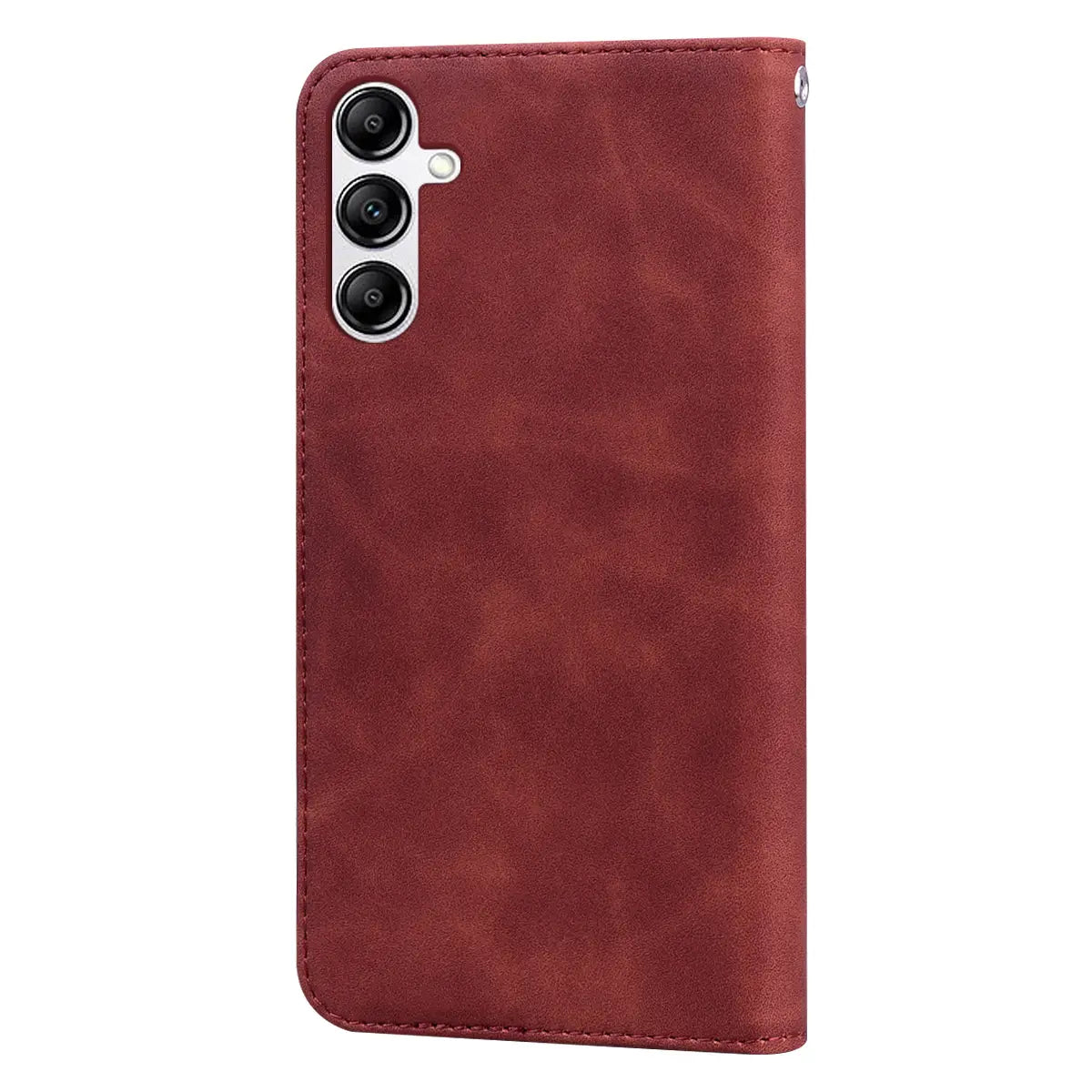 A rich burgundy faux leather leather wallet phone case with magnetic card slot showing the back side with precise stitching and a silver toned camera cutout.