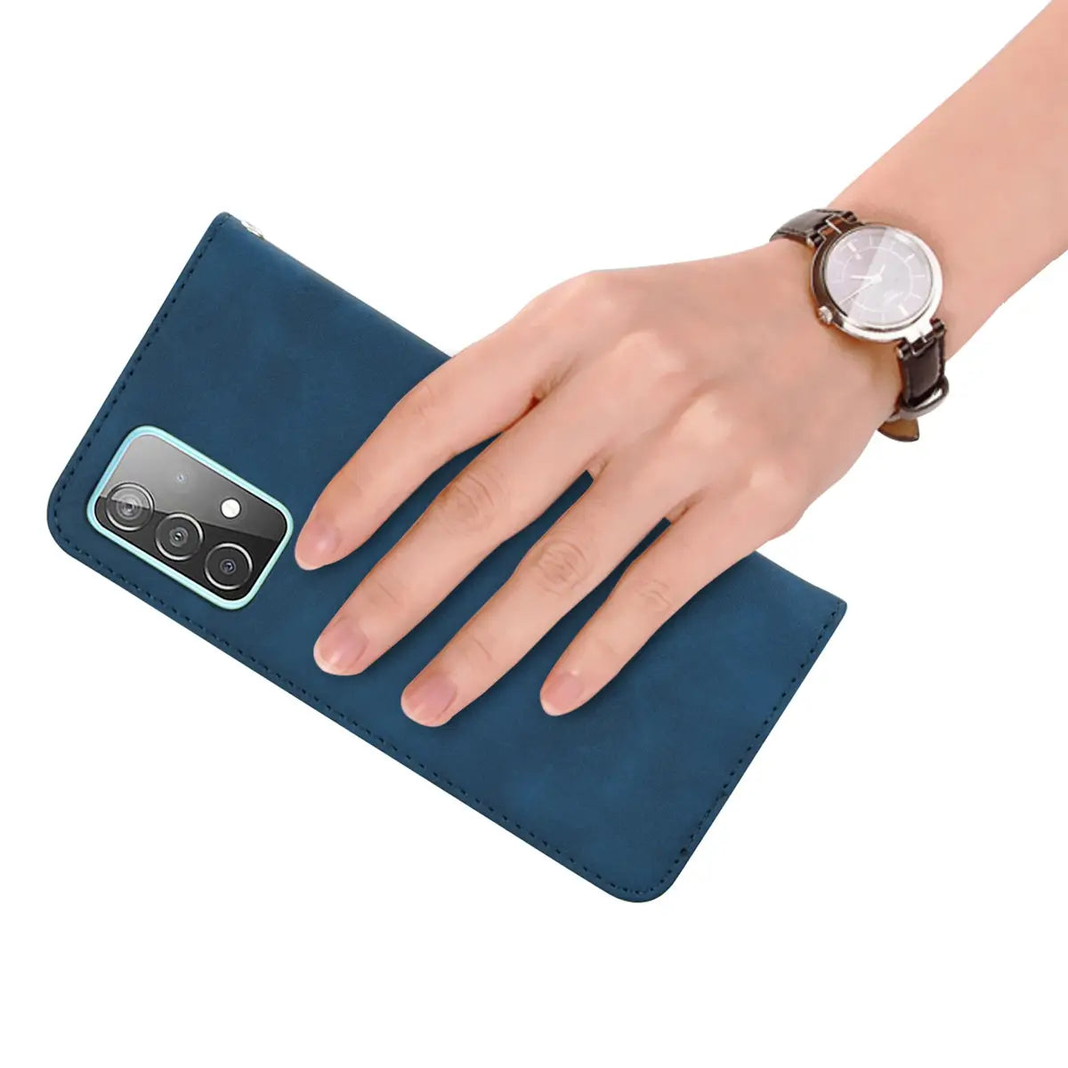 Deep blue faux leather leather wallet phone case with magnetic card slot showing the back side with a light teal border framing the camera cutout.