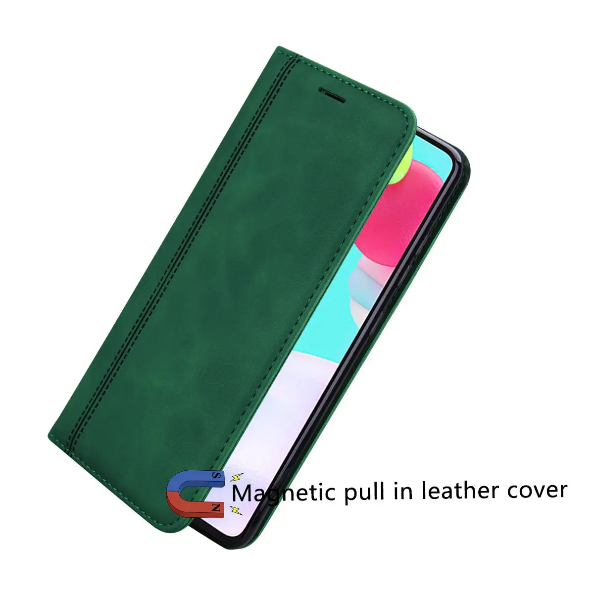green magnetic pull-in leather wallet phone case with stitched edges and magnetic card slot shown from the back side
