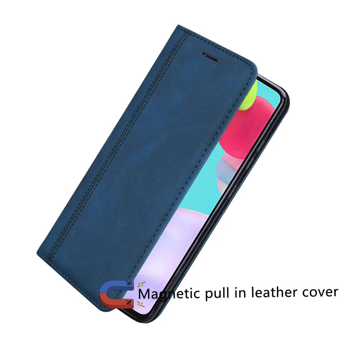 deep blue magnetic pull-in leather wallet phone case with stitched edges and magnetic card slot shown from the back side