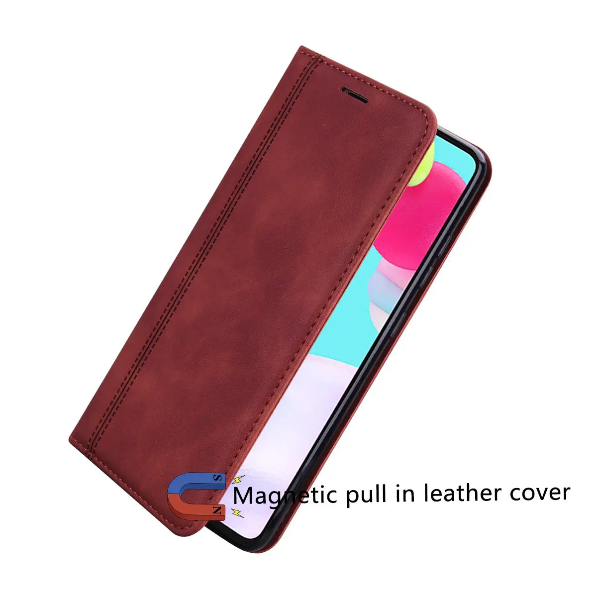 Leather wallet phone case with magnetic card slot featuring a rich burgundy magnetic pull-in leather cover with stitched edges and a textured finish showing the back side.