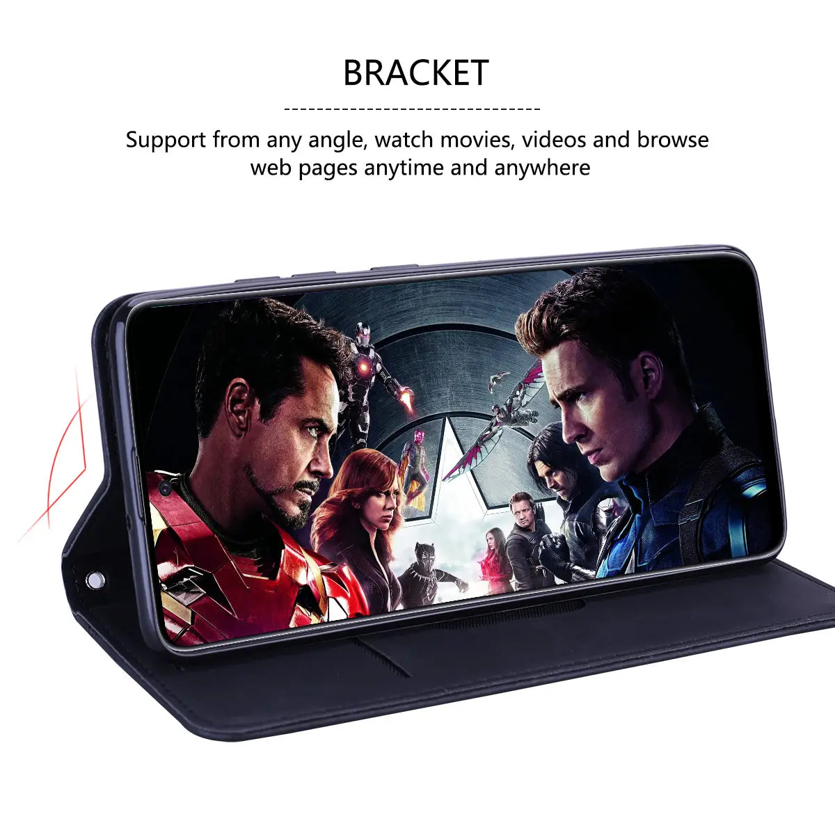 Black leather wallet phone case with magnetic card slot displaying a Marvel Avengers movie poster on the screen.