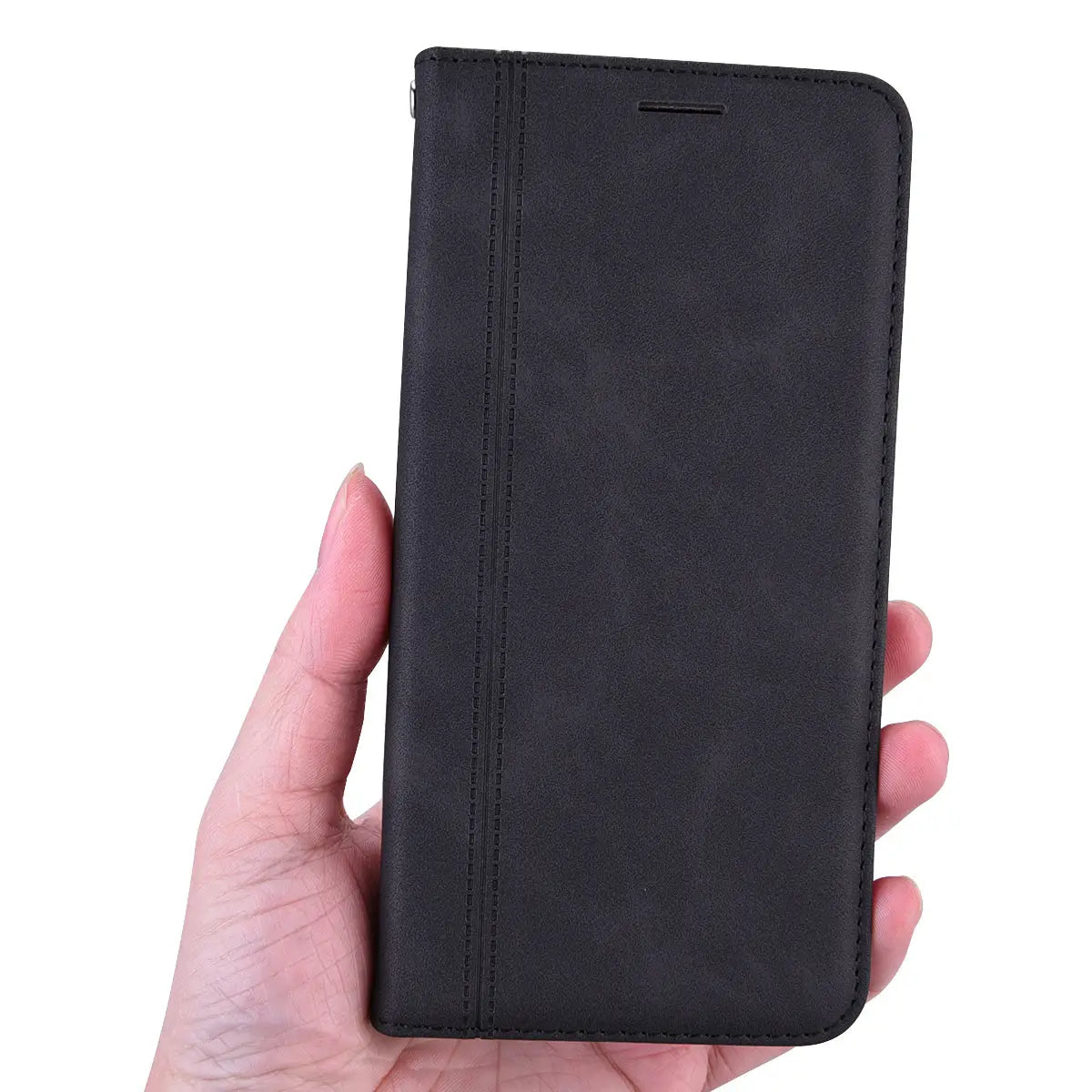 black leather wallet phone case with magnetic card slot shown from the back with stitched edges and a vertical seam