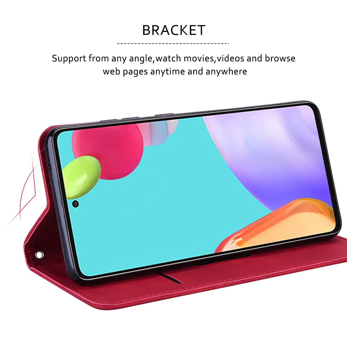 Red leather wallet phone case with magnetic card slot and built-in stand bracket shown from the back side.