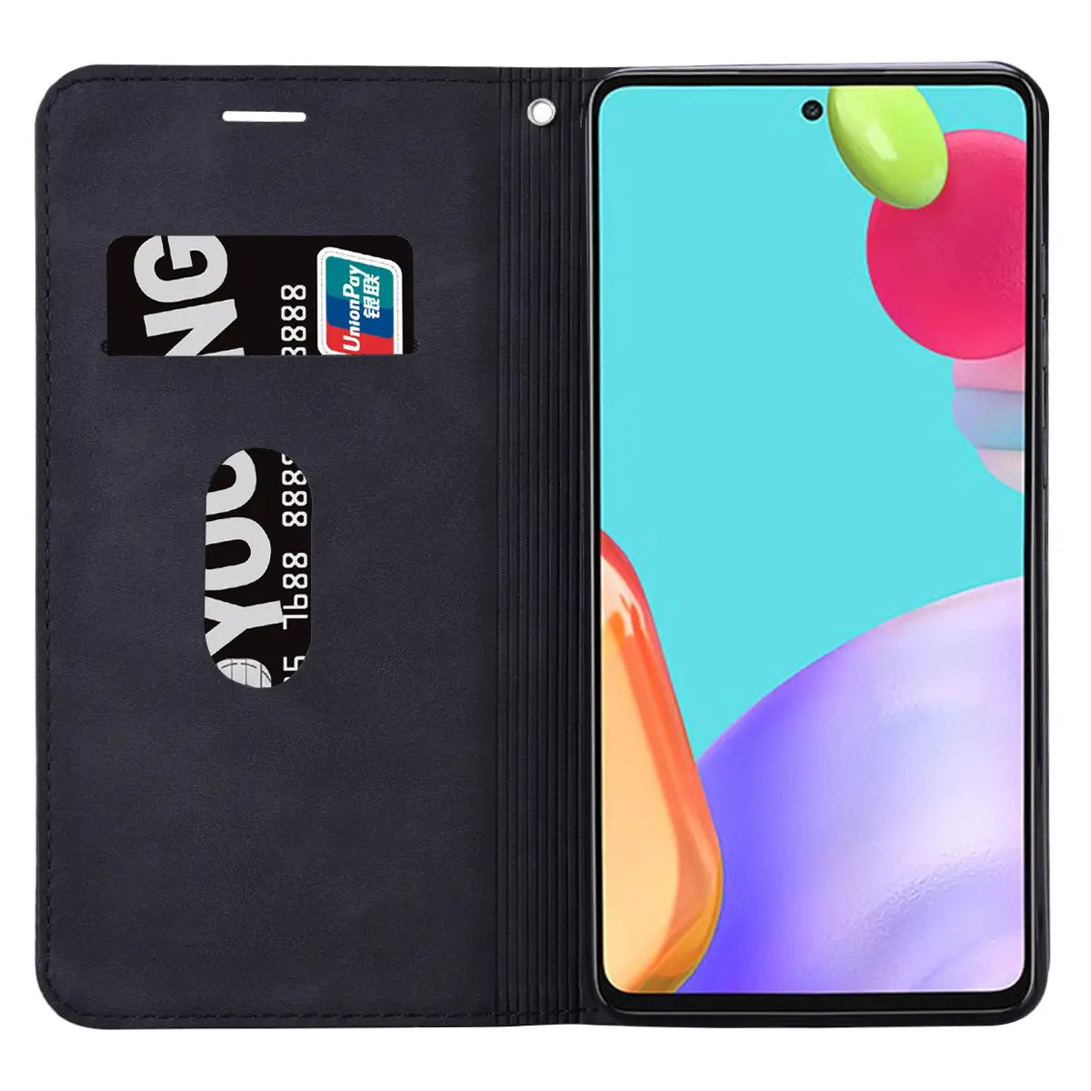 Black leather-style phone wallet with magnetic card slot and visible smartphone screen.
