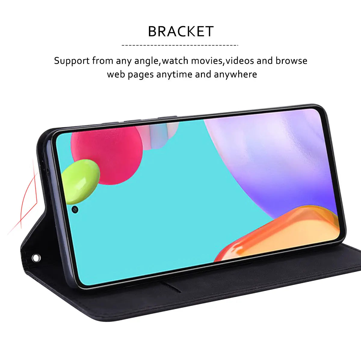 Black leather phone stand bracket shown on the back side of a leather wallet phone case with magnetic card slot.