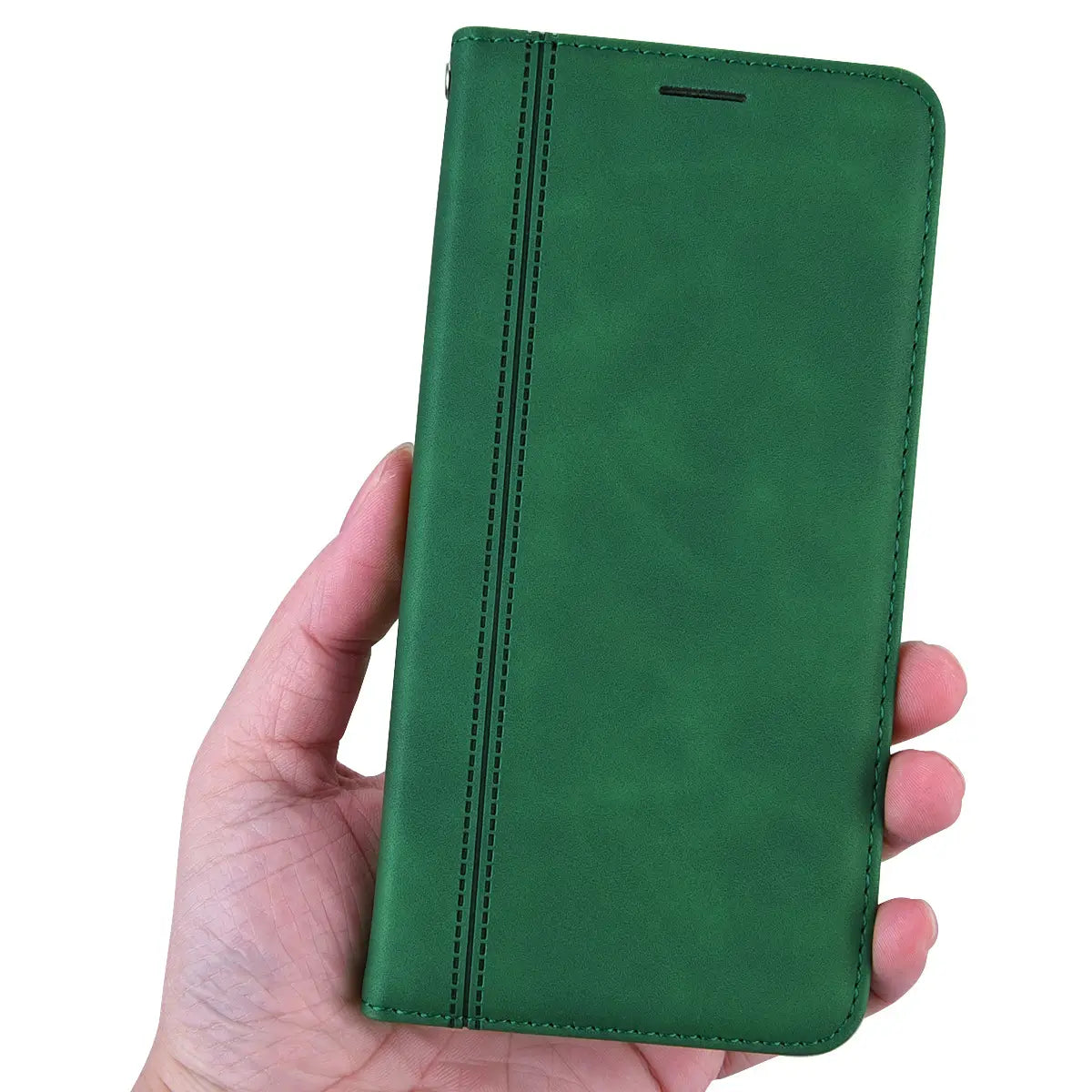 green faux leather phone wallet with black stitching and a vertical seam featuring a magnetic card slot in a leather wallet phone case design