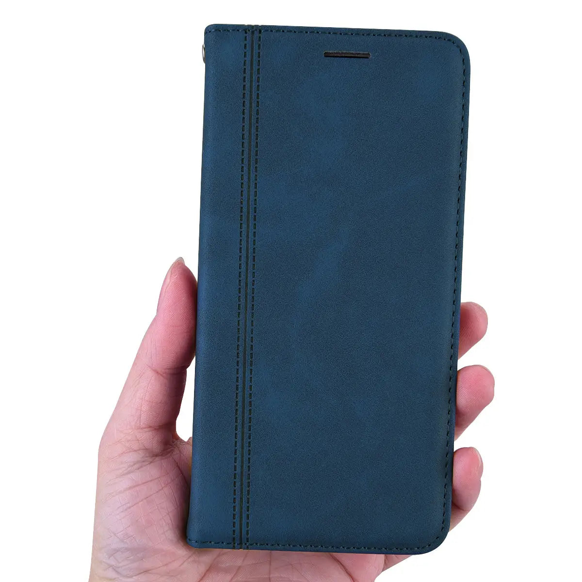 Dark blue faux leather leather wallet phone case with stitched edges and vertical seam featuring a magnetic card slot shown from the back side.