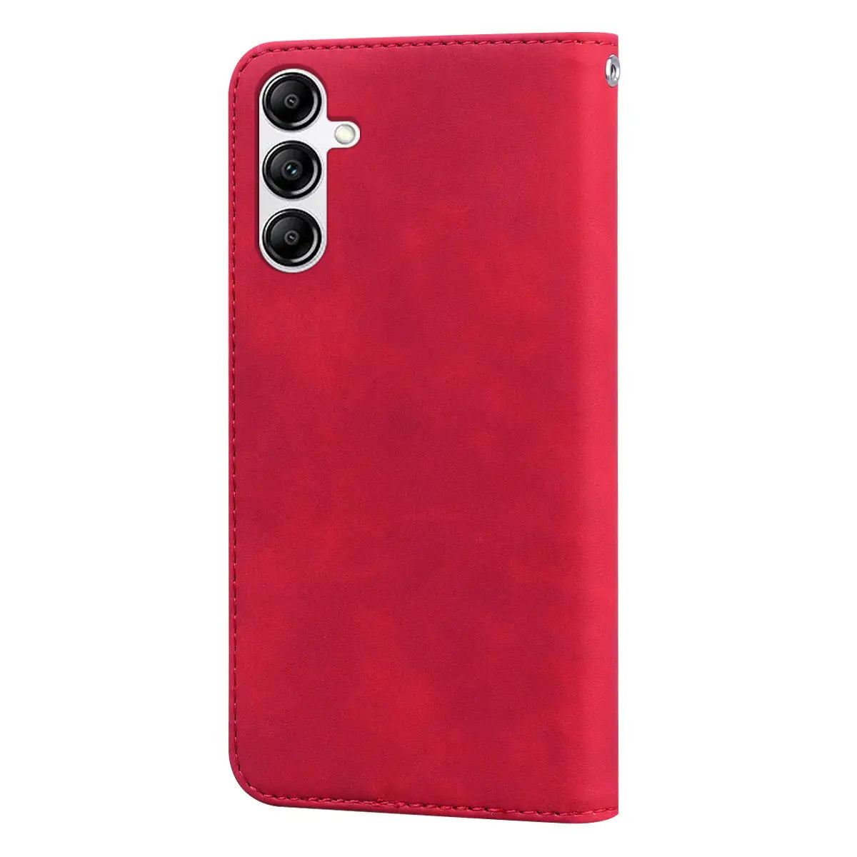 Red faux leather leather wallet phone case with magnetic card slot shown from the back with stitched edges and a silver camera cutout.