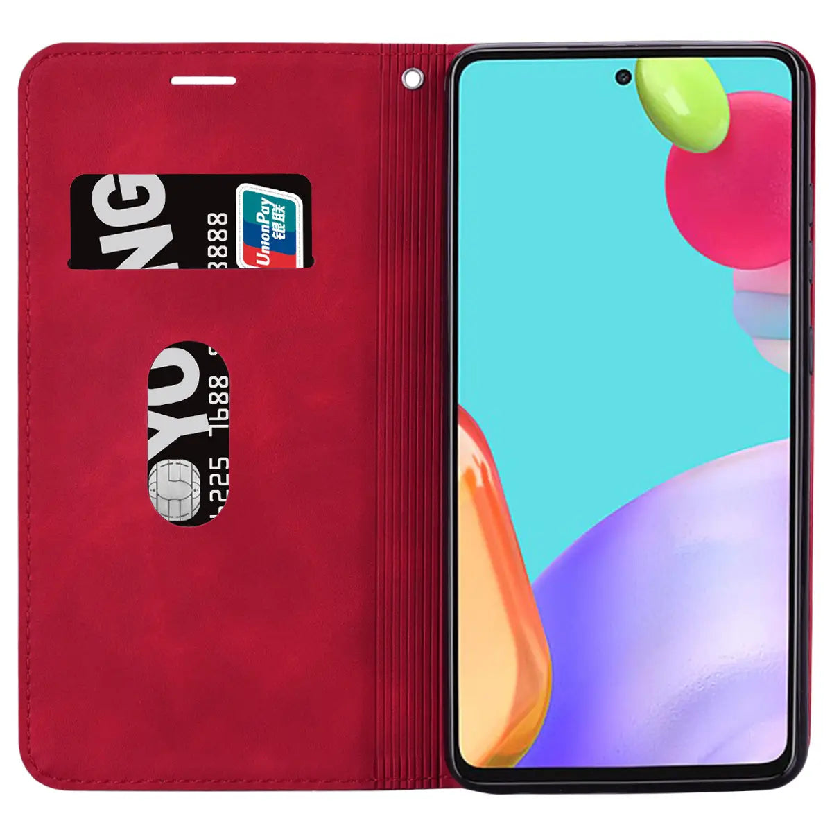 Red leather wallet phone case with magnetic card slot featuring card slots and a vertical seam on the back side.