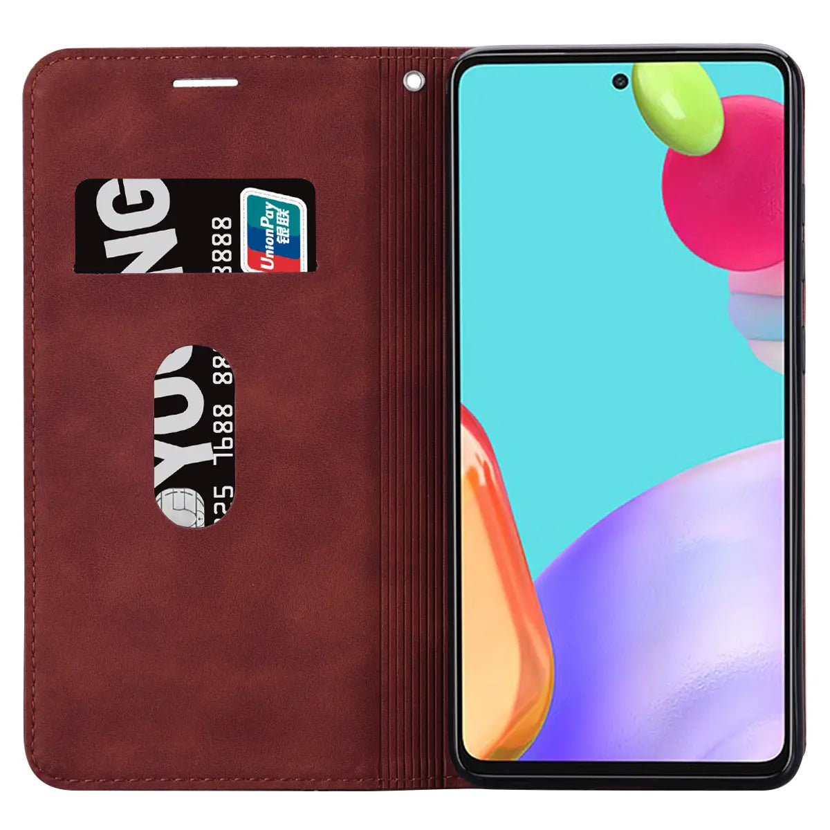 brown leather wallet phone case with magnetic card slot featuring vertical ribbed texture and card slots visible from the back side