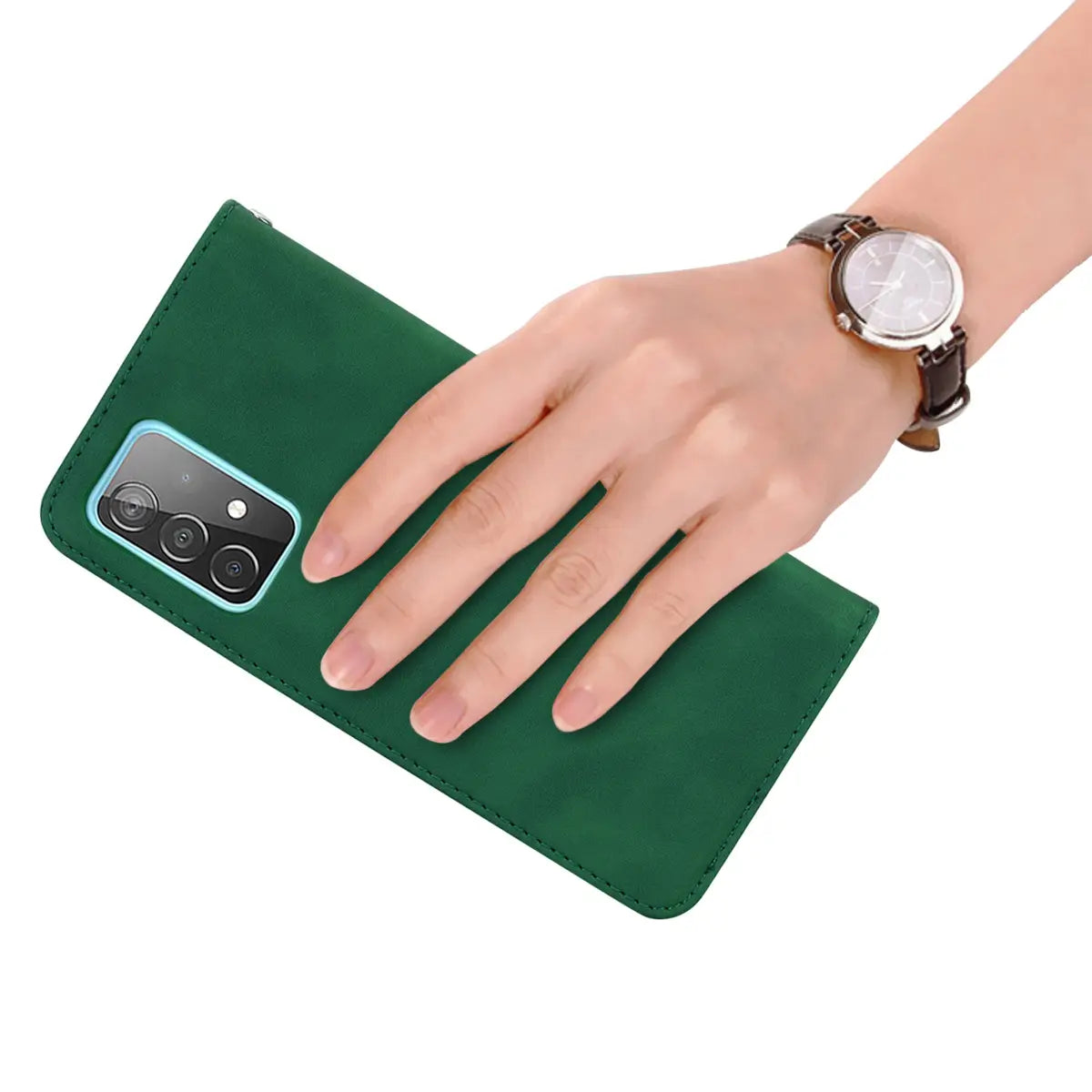 back side of green leather wallet phone case with magnetic card slot featuring faux leather material and a light blue border around the camera cutout
