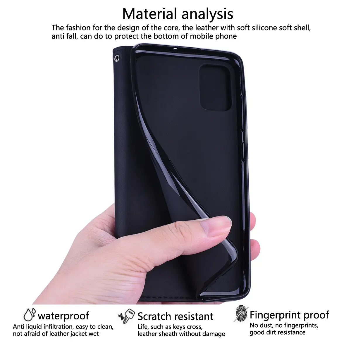 Black leather wallet phone case with magnetic card slot featuring a soft silicone shell for anti-fall protection shown from the back side.