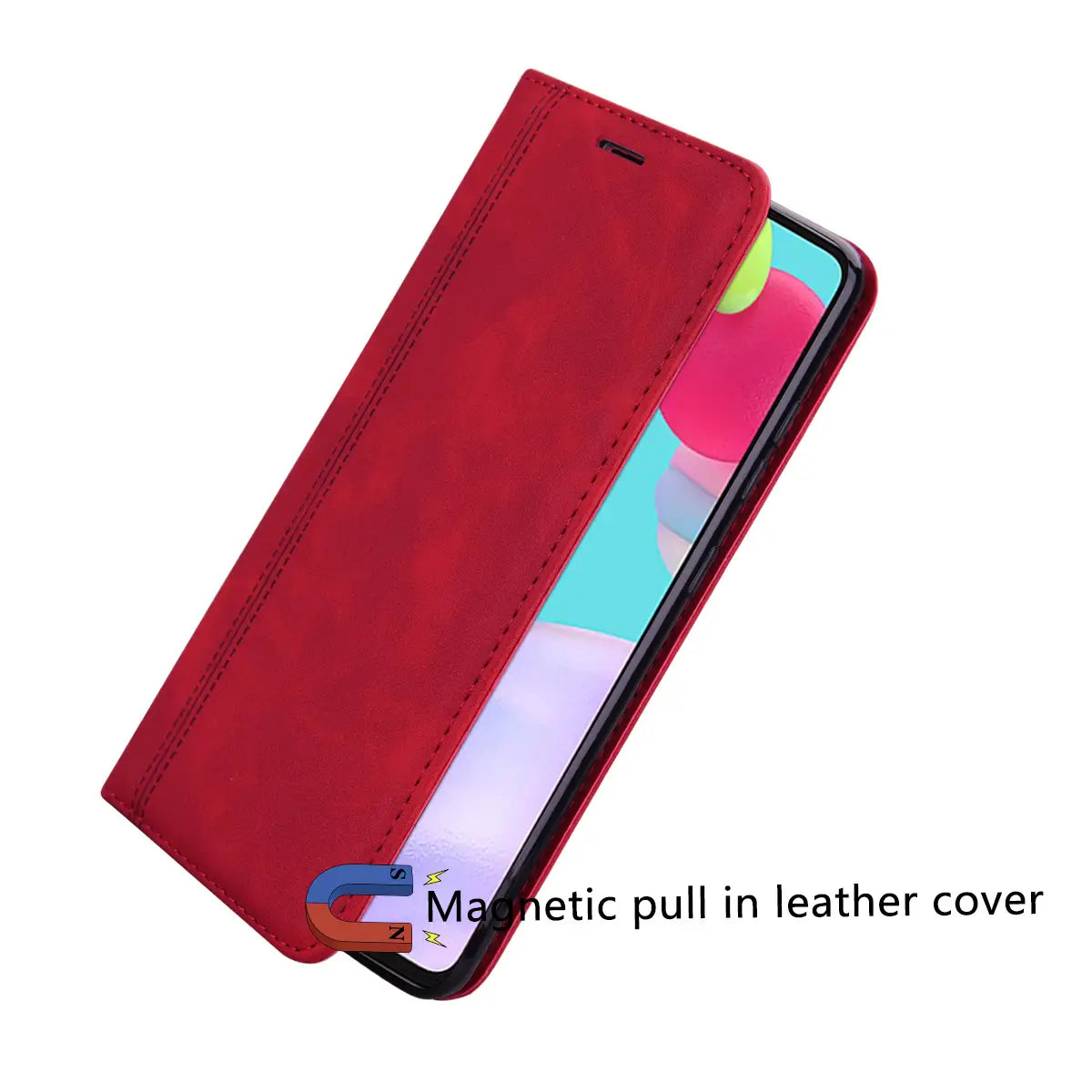 Red magnetic pull-in leather phone cover with stitched edges shown from the back side in a leather wallet phone case with magnetic card slot.