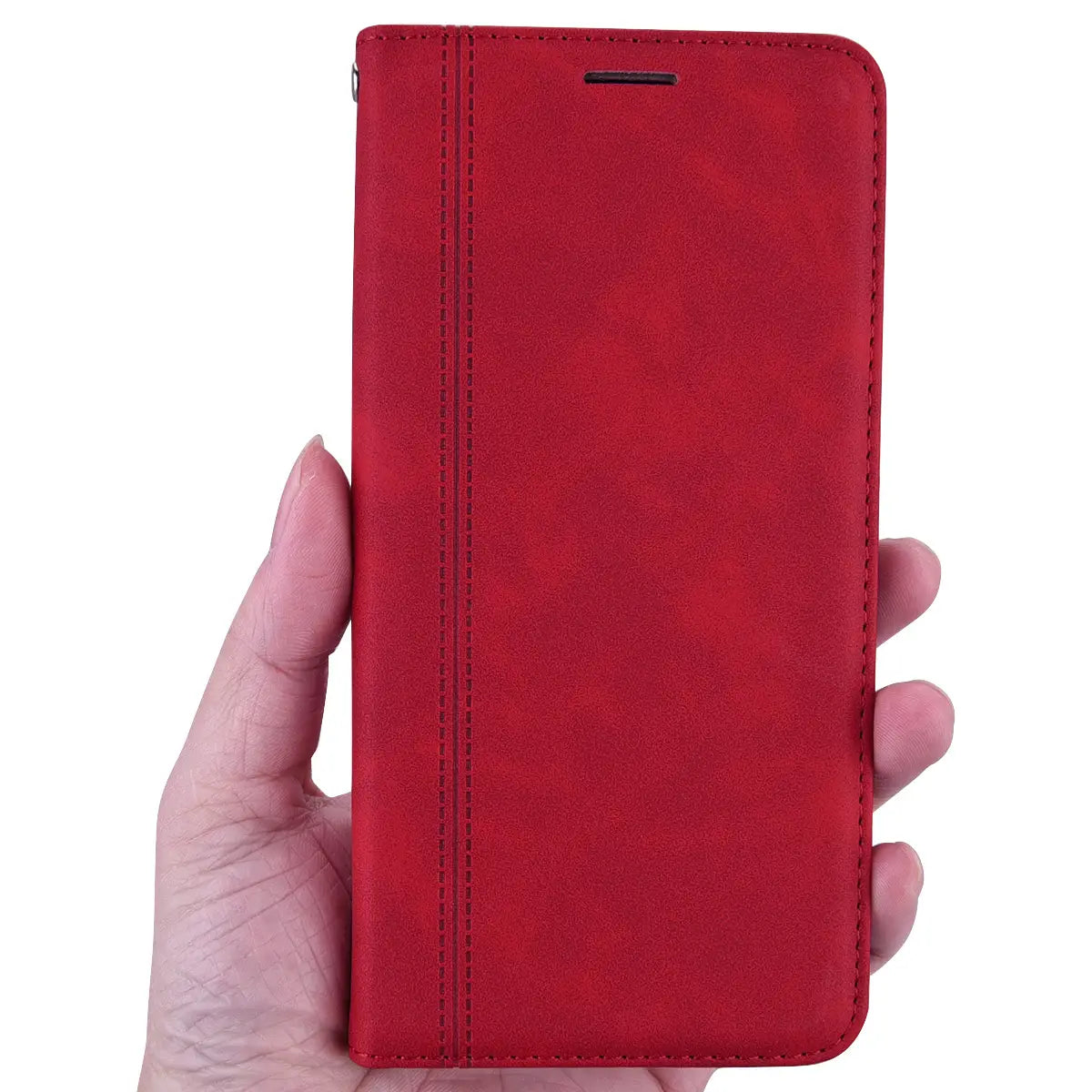 Red faux leather leather wallet phone case with magnetic card slot showing the back side with vertical stitching and slim profile.