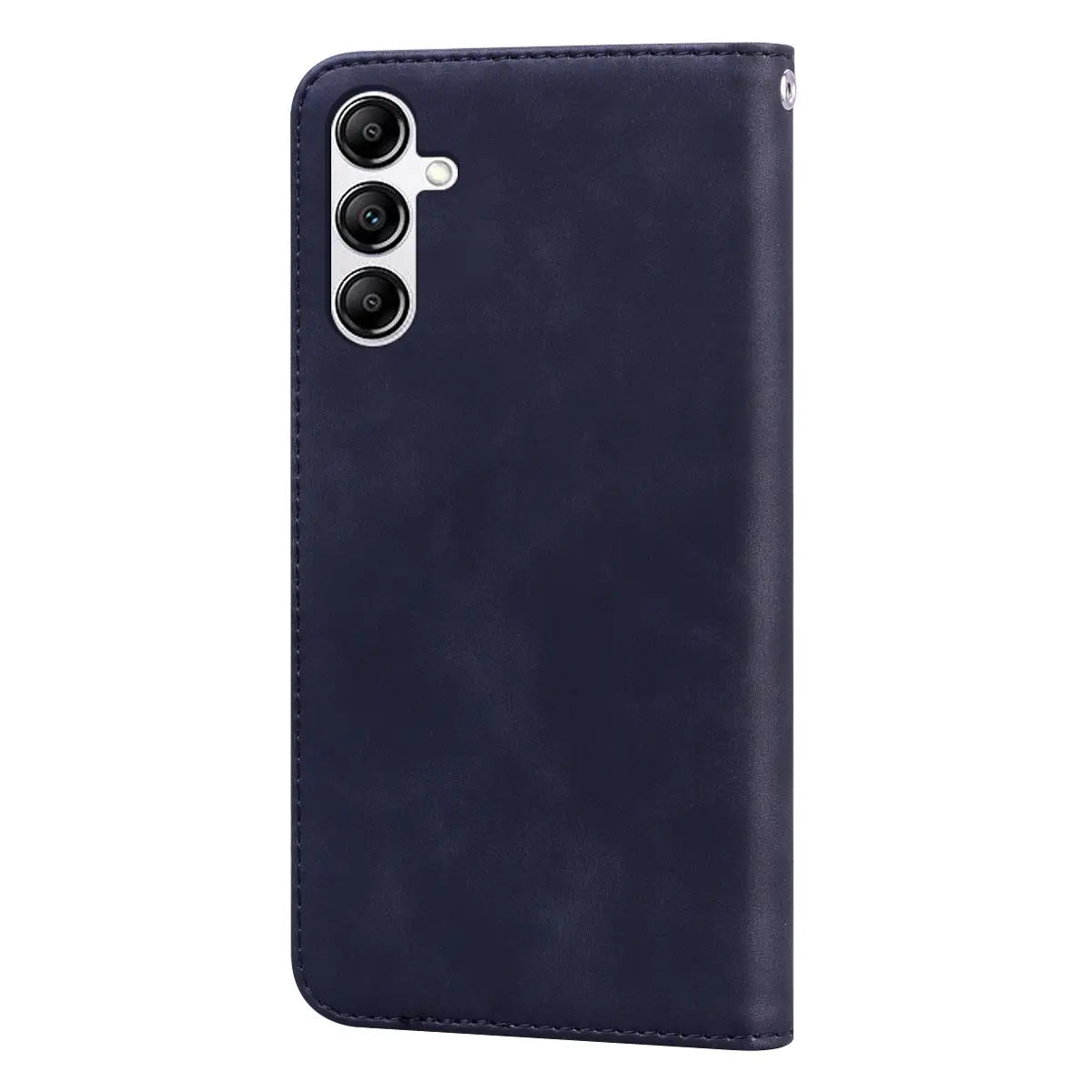 Dark blue faux leather leather wallet phone case with magnetic card slot shown from the back featuring stitched edges and a silver camera cutout.