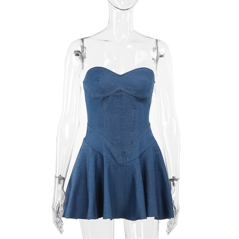 Vestido mini de corsé de denim azul marino con escote corazón y falda con vuelo.