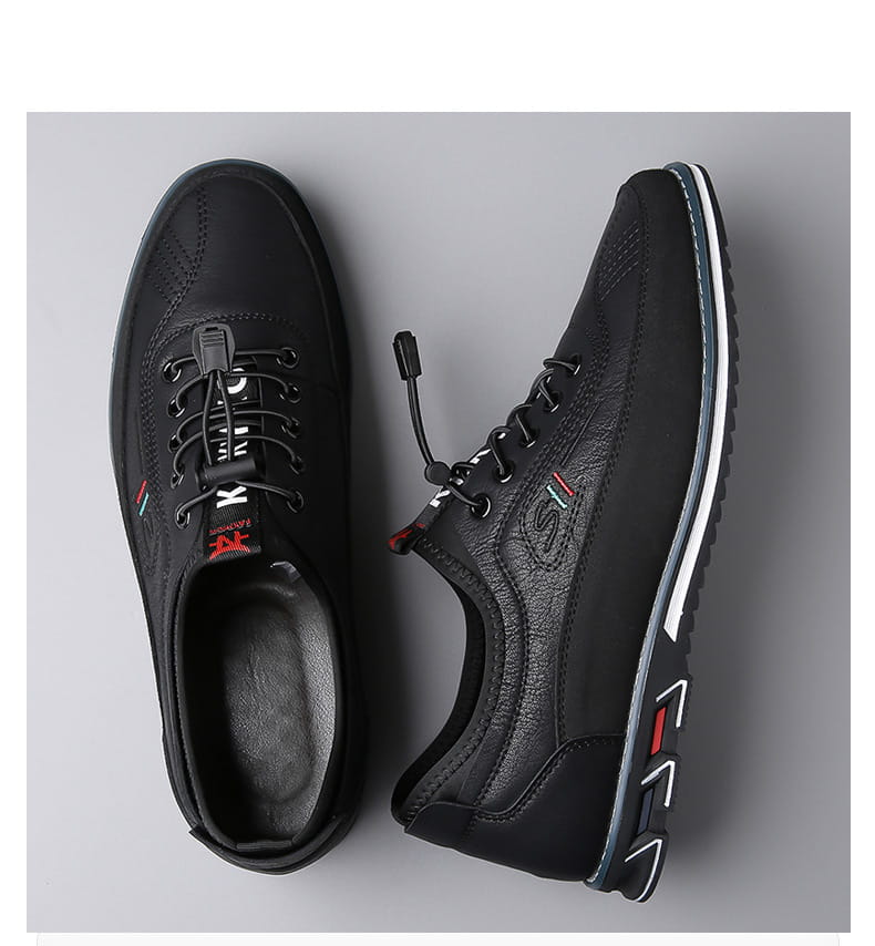 Chaussures de sport imperméables pour homme en cuir véritable noir, avec accents rouges et blancs discrets sur le côté, et des lacets conçus pour un usage décontracté.