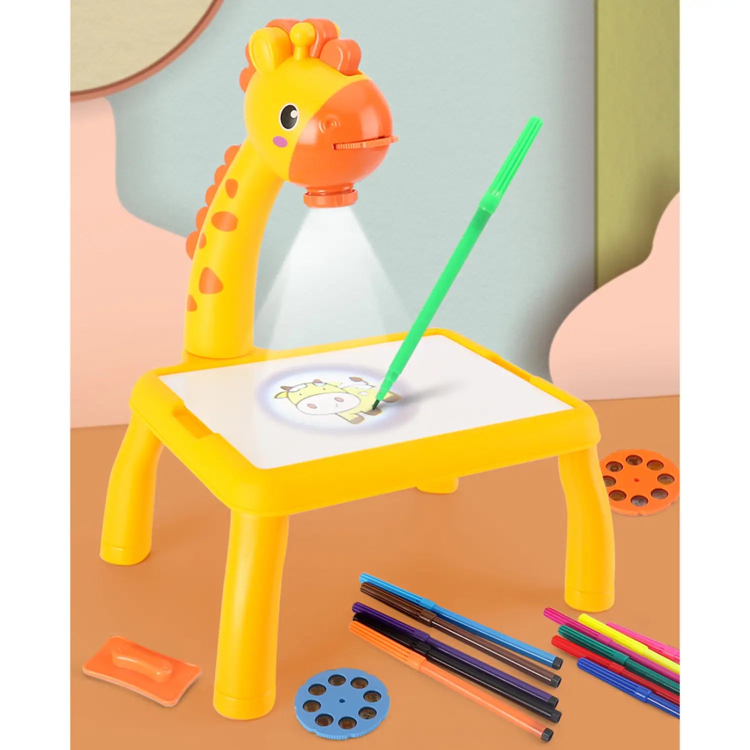 Led drawing projector table for kids art painting featuring a yellow giraffe-shaped projector with orange spots and a smiling face designed for children’s drawing activities.