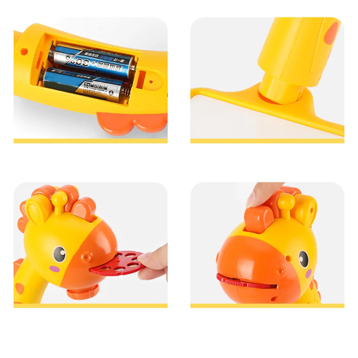 Bright yellow and orange plastic giraffe-shaped led drawing projector table for kids art painting with a red circular component.