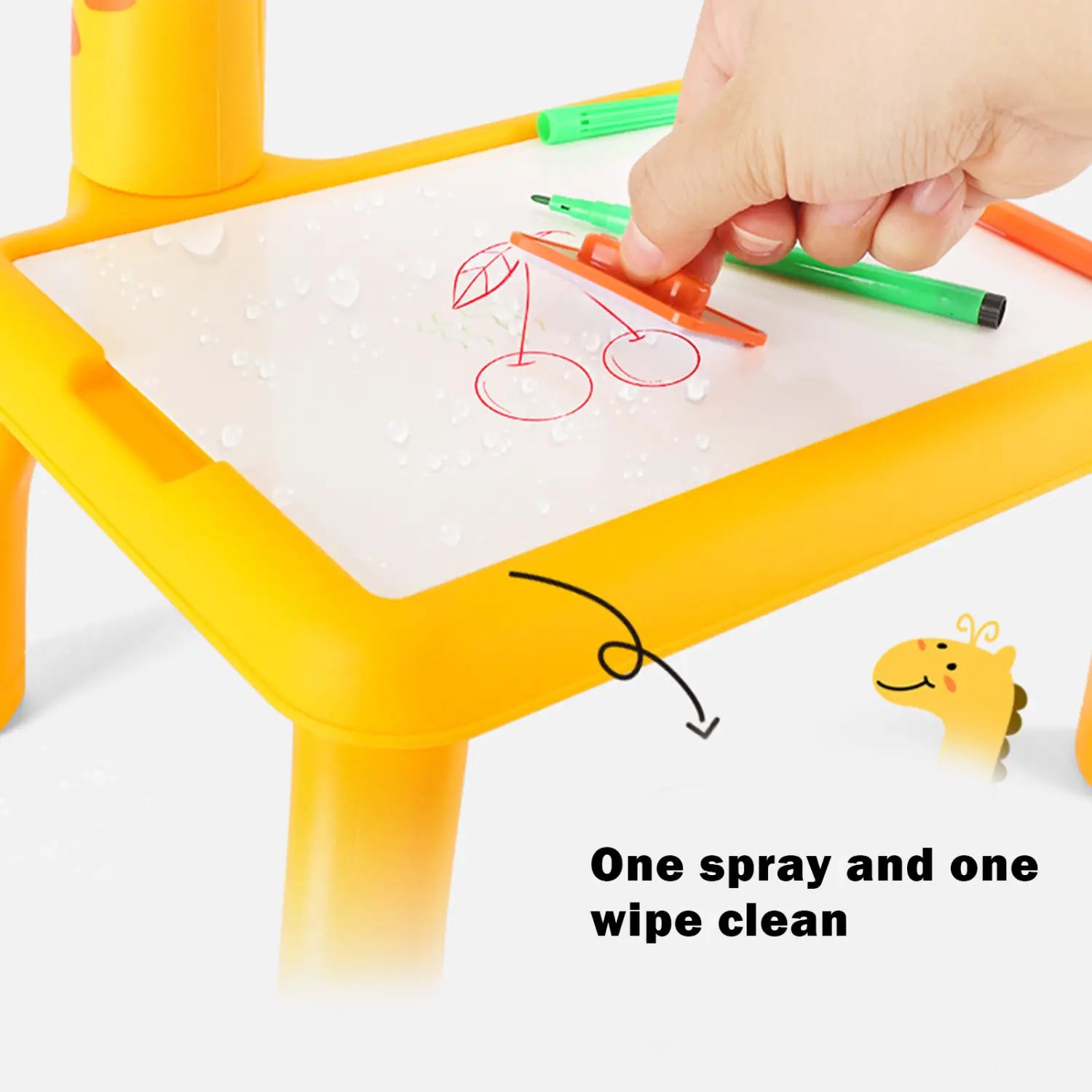Bright yellow led drawing projector table for kids featuring a magnetic white writing surface with colorful markers for art painting.