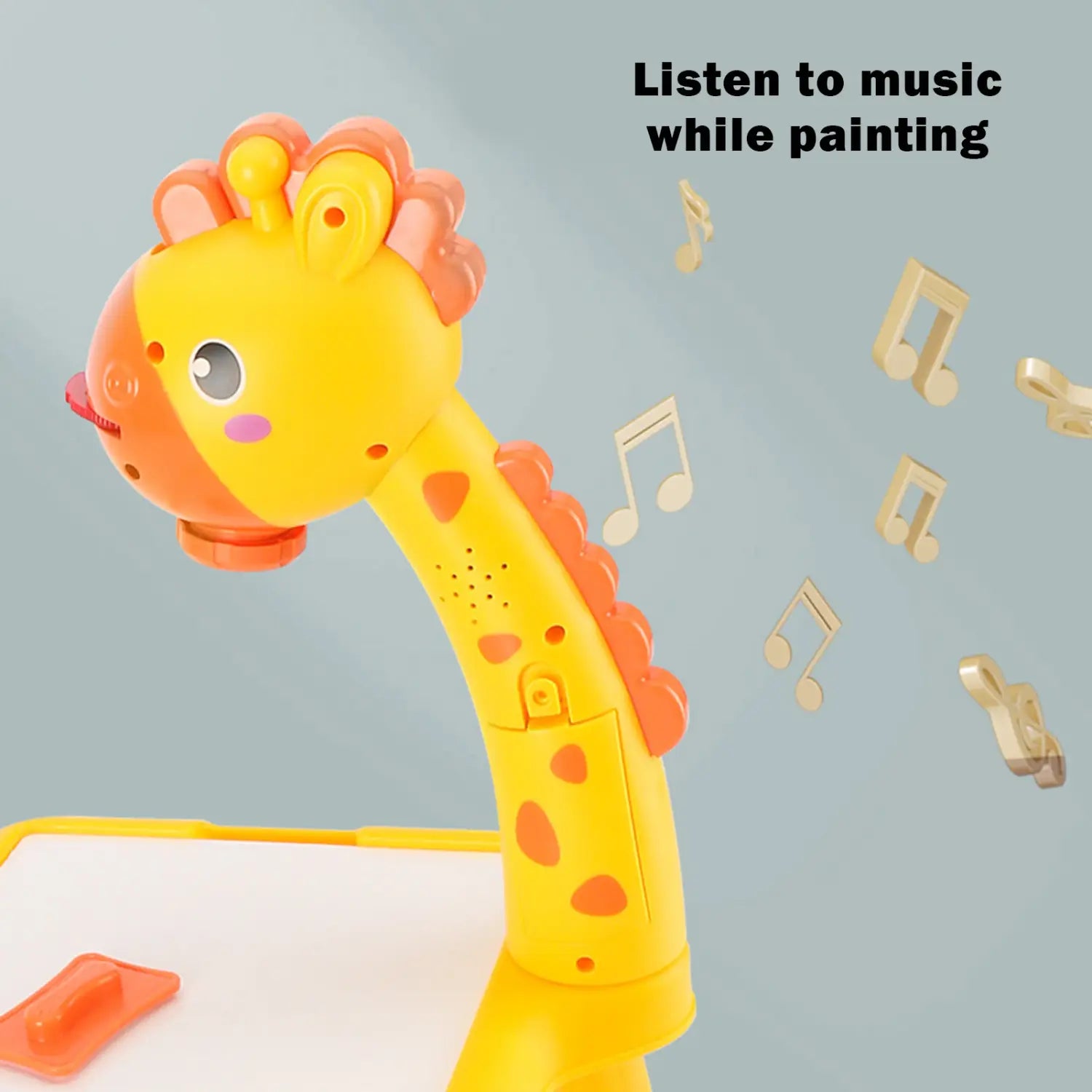 led drawing projector table for kids art painting featuring a yellow and orange giraffe-shaped music painting projector with a playful design.