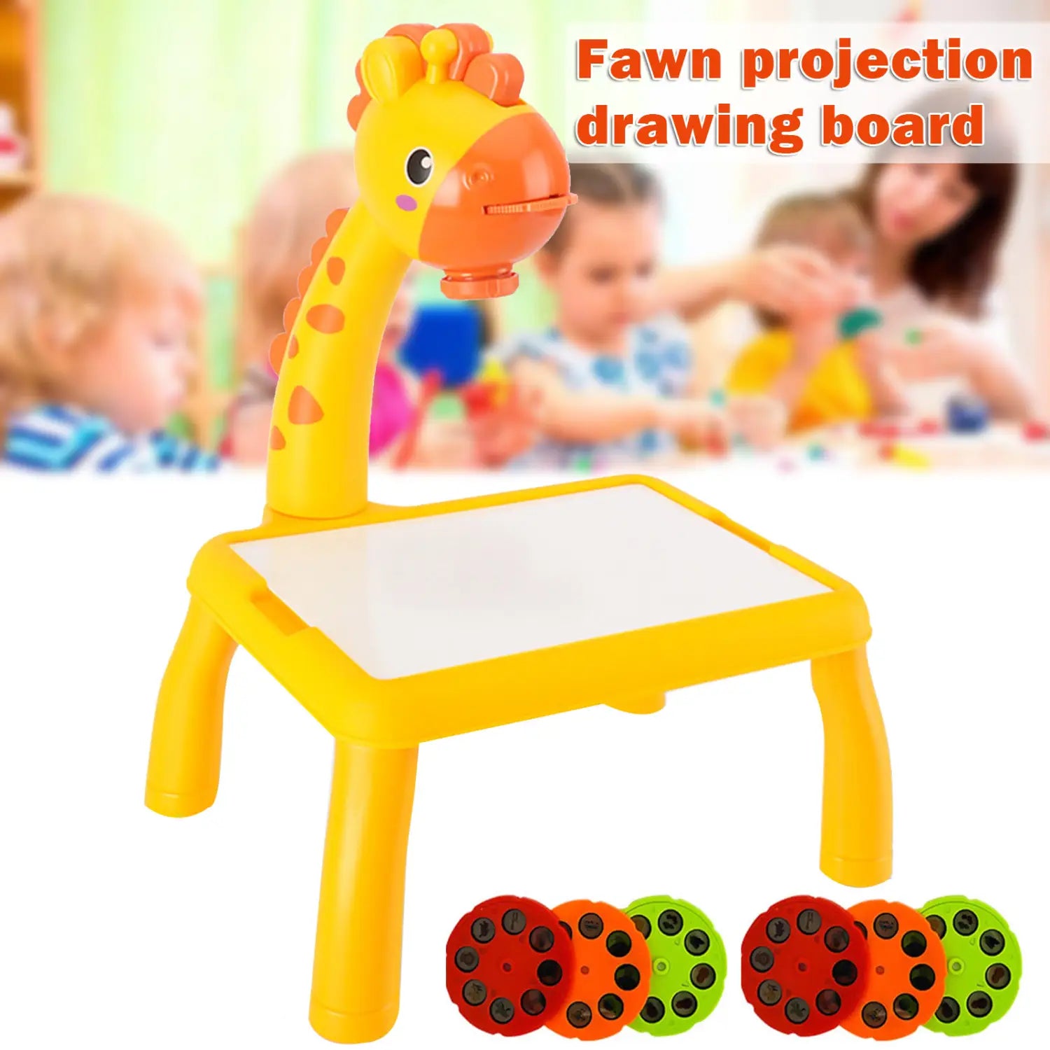 Led drawing projector table for kids art painting featuring a yellow giraffe-shaped design with a white projection surface and colorful circular projector discs.