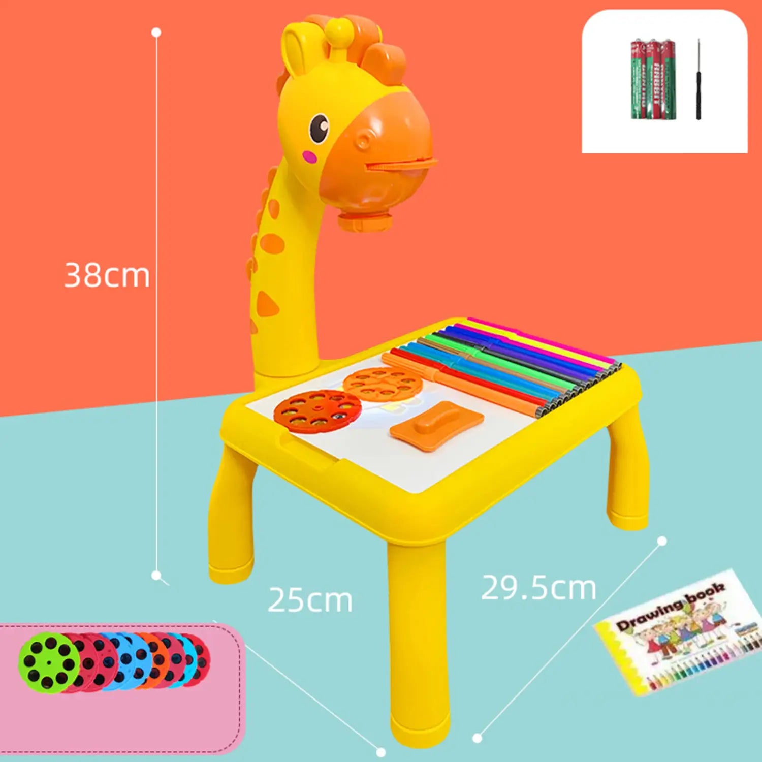 Yellow giraffe-shaped led drawing projector table for kids with white drawing surface colorful pens and circular stencils for art painting activities.