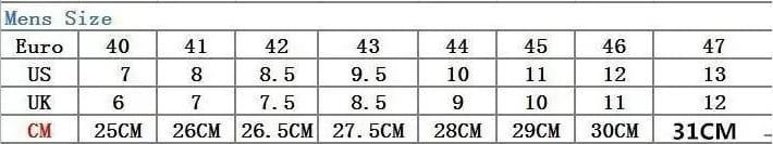 Men’s indestructible mesh athletic safety shoes size conversion chart displaying euro, us, uk, and cm measurements from sizes 40 to 47.