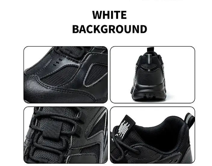 men’s indestructible mesh athletic safety shoes in black featuring mesh and synthetic overlays with a padded collar and adjustable strap closure