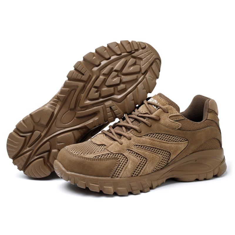 tan tactical sneaker with suede and mesh upper and rugged rubber sole designed as men’s indestructible mesh athletic safety shoes