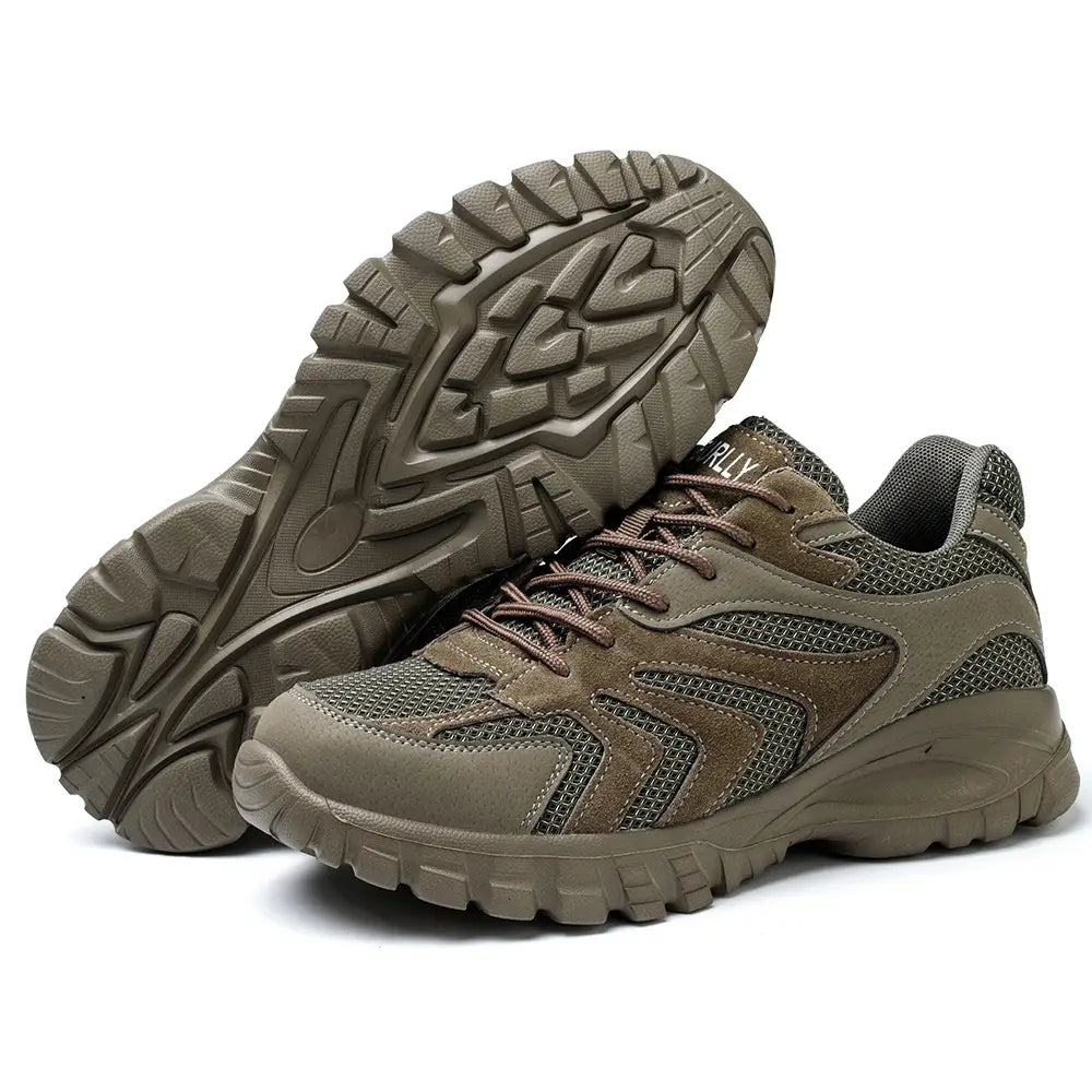 Men’s indestructible mesh athletic safety shoes in olive green and brown with mesh and suede panels and a rugged outsole for tactical-style hiking.