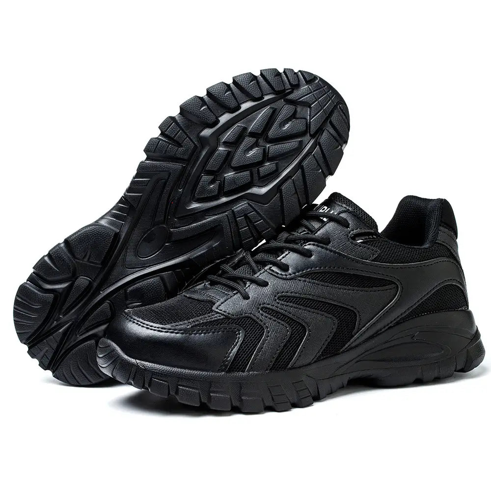 Men’s indestructible mesh athletic safety shoes in black with a mesh and synthetic leather upper and a rugged rubber sole.