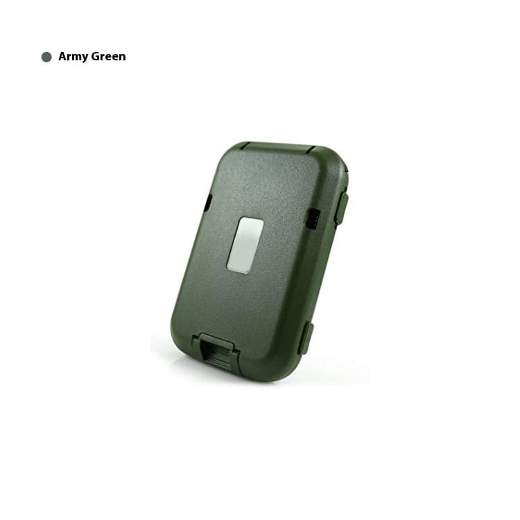 Army green rugged aluminum rfid blocking card wallet and travel case with a rectangular transparent window on the front made of plastic.