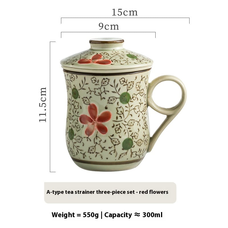 Cream-colored ceramic tea mug with infuser and lid featuring red and green floral patterns with a 300ml capacity.