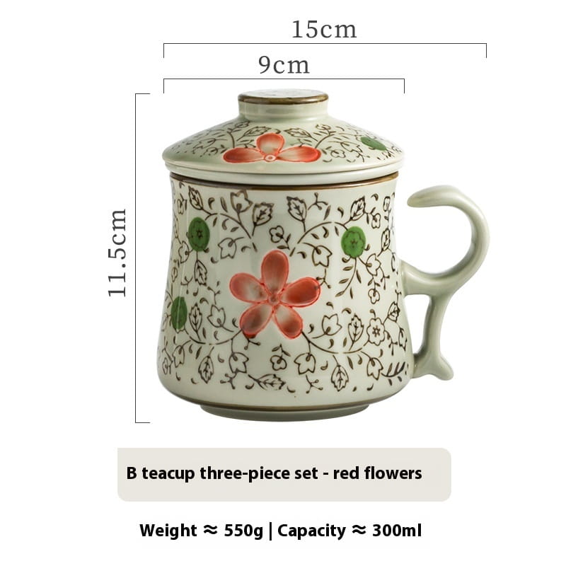 A ceramic tea mug with infuser and lid featuring delicate red and green floral patterns on an off-white background with a matching handle.