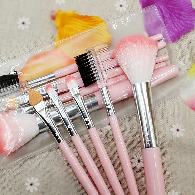 Ensemble de pinceaux de maquillage composé de cinq pinceaux à manche rose, avec viroles en argent et des types de poils variés, présenté dans un étui en plastique transparent.
