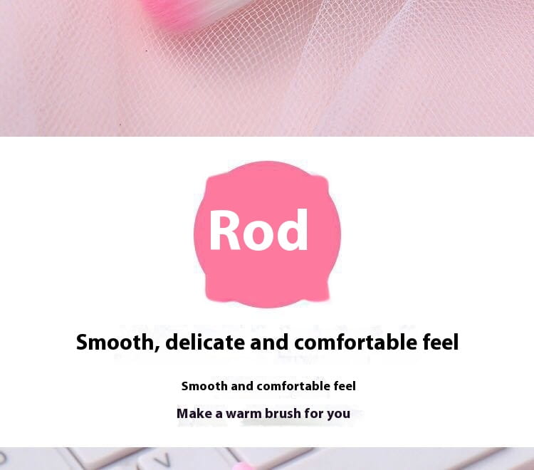 Logo circulaire rose avec le mot « rod » en texte blanc sur un ensemble de pinceaux de maquillage, comprenant cinq outils à poils dégradés roses