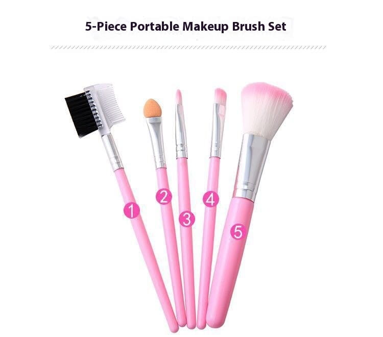 Ensemble de pinceaux de maquillage 5 pièces avec des outils à poils dégradés roses, des manches roses, des viroles en argent et des poils variés pour une application polyvalente du maquillage.