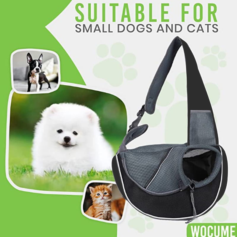 Black and gray mesh pet carrier sling bag designed for small dogs and cats for comfortable carrying.