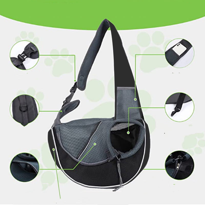 Black and gray mesh pet carrier sling bag with adjustable shoulder strap designed for small dogs and cats.