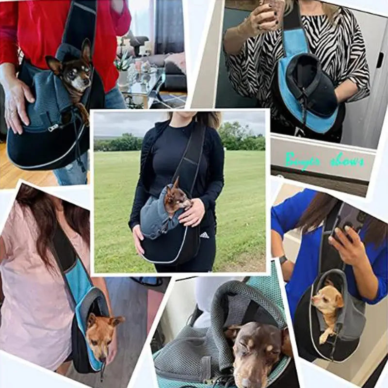 Gray and blue mesh pet carrier sling bag with adjustable shoulder strap for small dogs and cats.