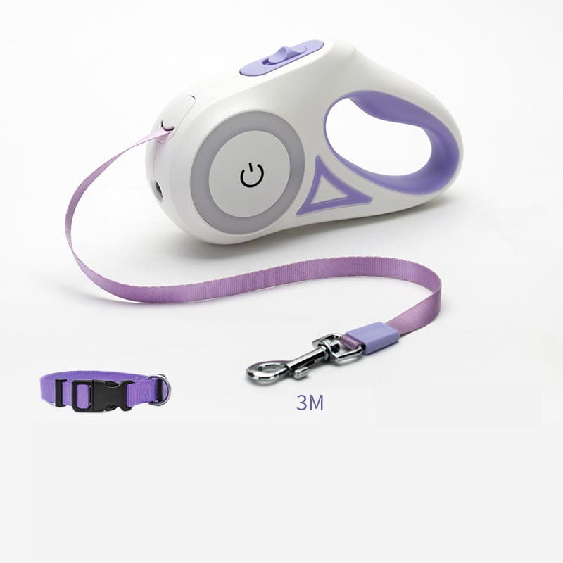 Laisse rétractable pour chien avec éclairage LED en violet et blanc, dotée d’un bouton d’alimentation, d’un collier assorti en violet et d’une longe de 3 mètres.