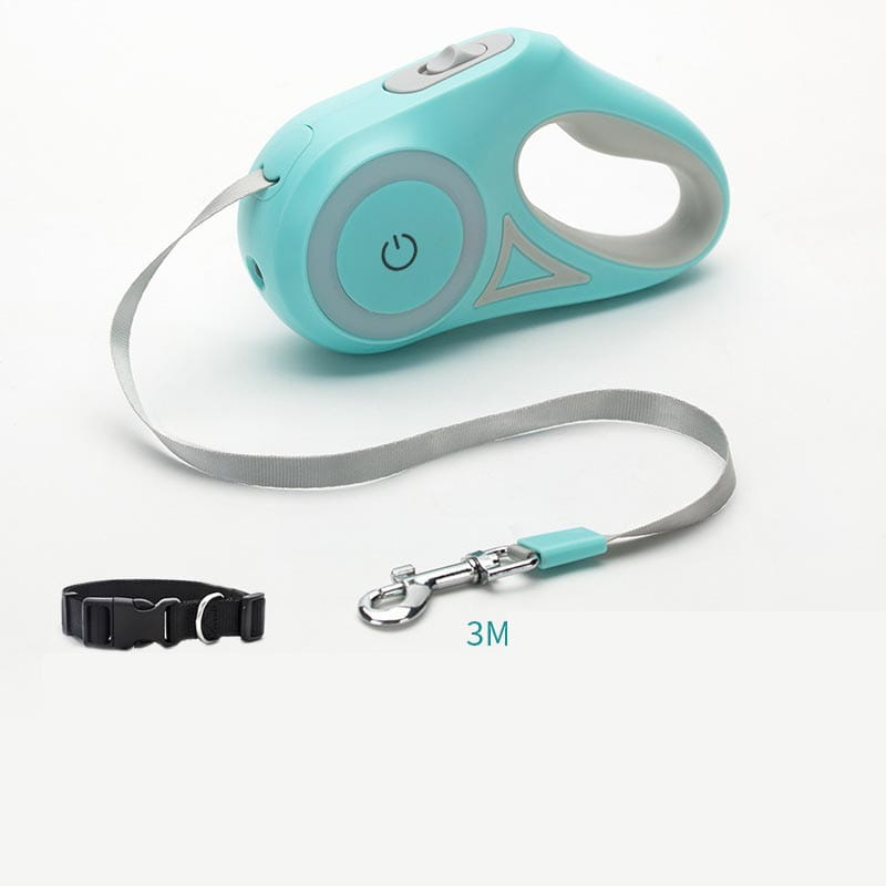 Laisse rétractable pour chien turquoise et grise avec éclairage LED, bouton d’alimentation, fermoir métallique et ensemble de collier turquoise assorti.